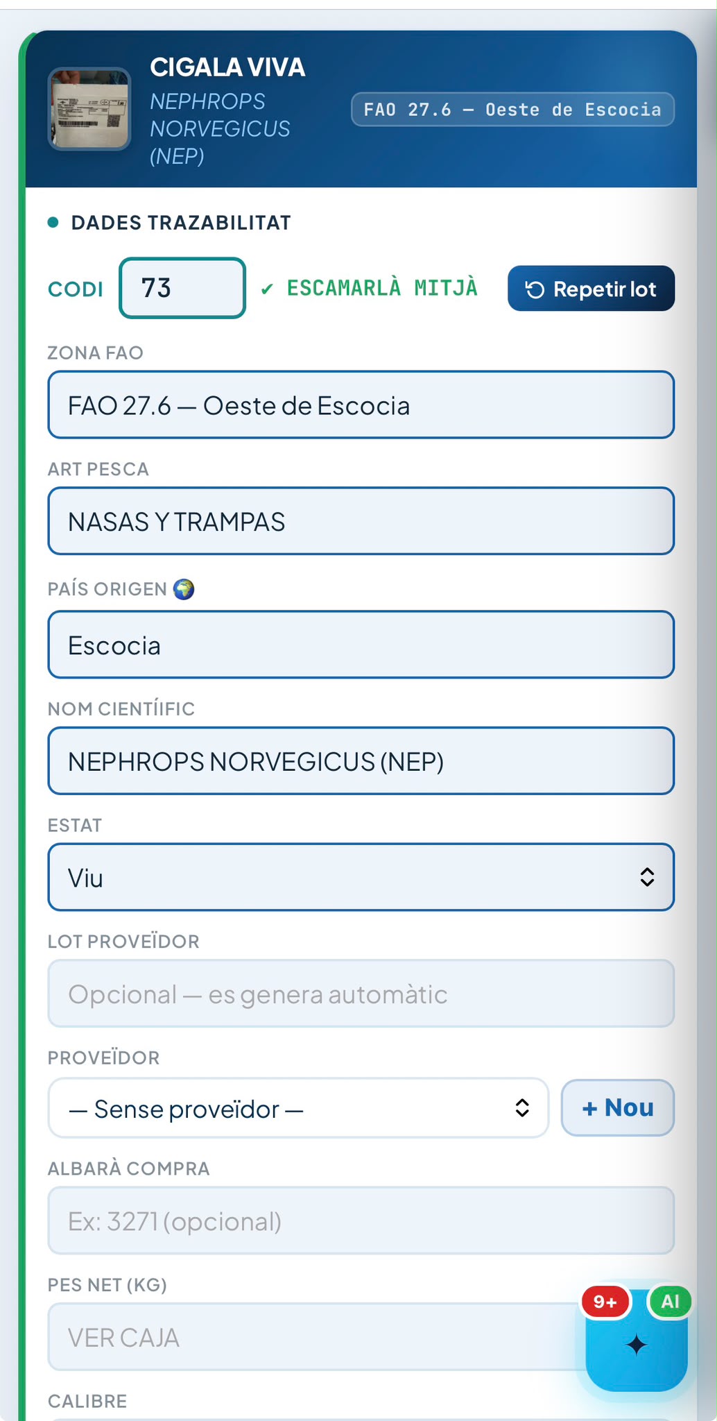 Ficha real de trazabilidad de pescado en EtiQali