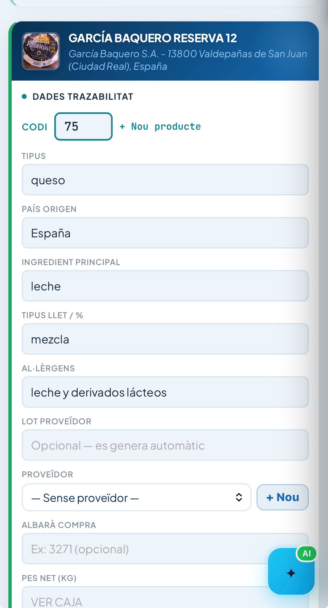 Ficha real de trazabilidad de queso en EtiQali