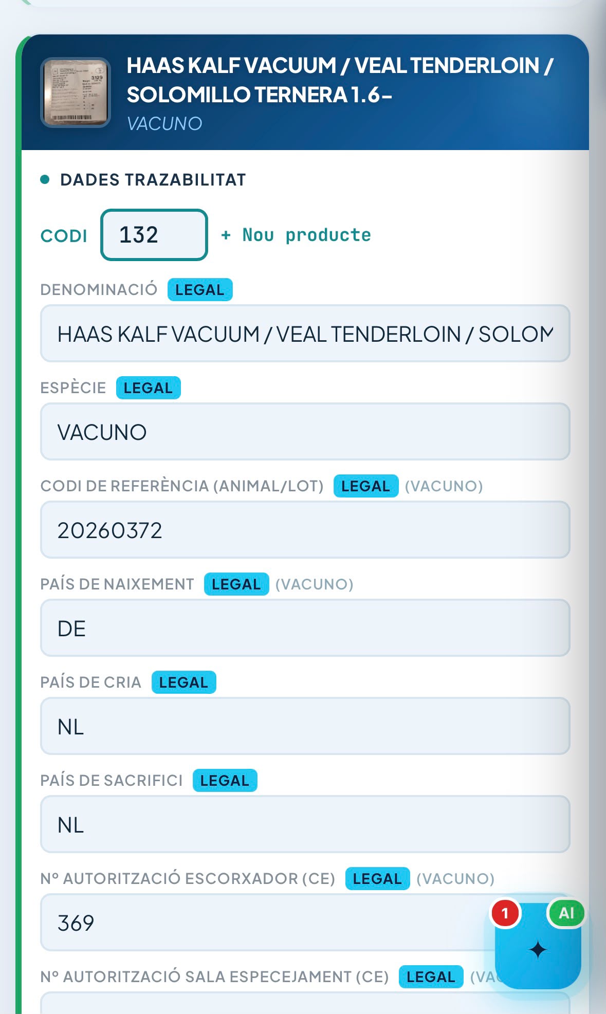 Ficha real de trazabilidad de vacuno en EtiQali