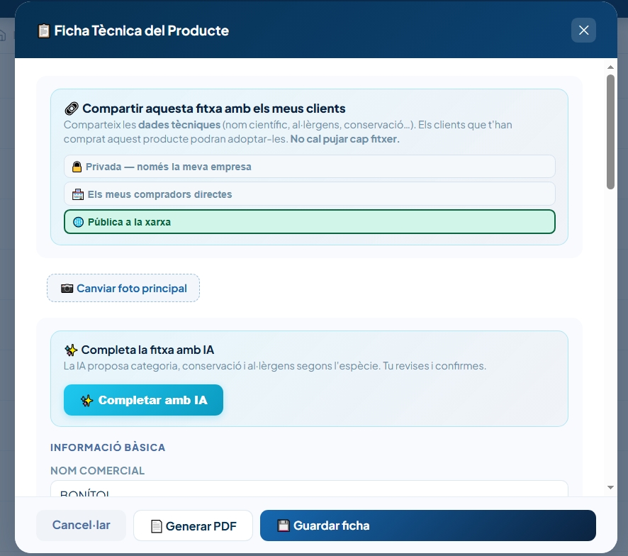 Modal de EtiQali para compartir la ficha técnica del producto con tres niveles de alcance: privada, clientes directos o pública