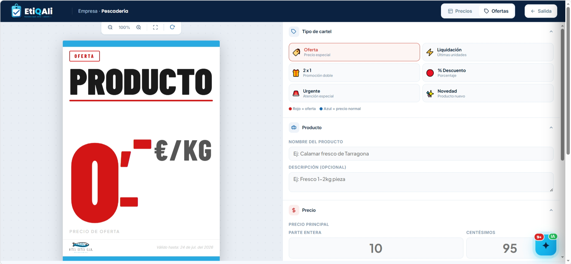 Editor de cartelería de EtiQali: ofertas, tipos y formatos